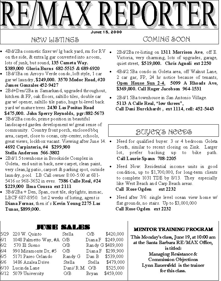 Graphics Design: Newsletter Page 1 of June 15, 2000